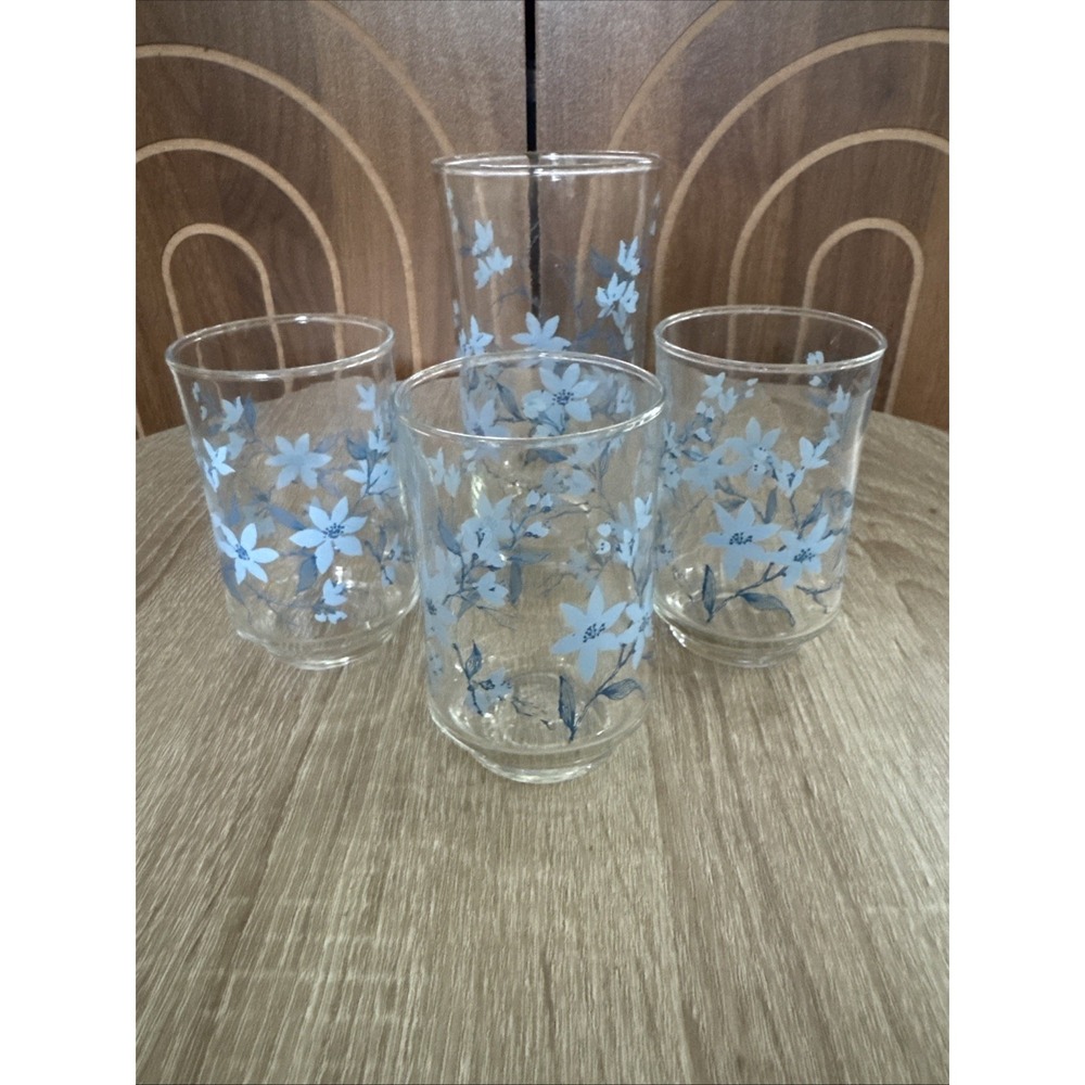 MCM Libbey Bolero Blue Floral Glasses 1970's